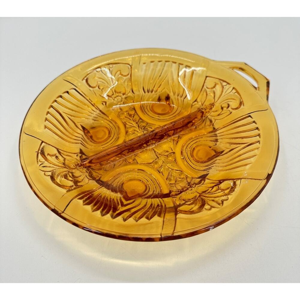 Vintage Indiana Glass Round Divided Marigold Candy Nut Round Bowl Kilaarney Gold